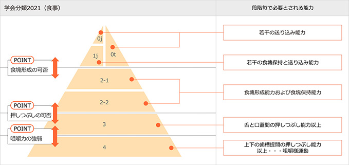 嚥下調整食分類2021（食事）の段階ごとで必要とされる能力を示した図